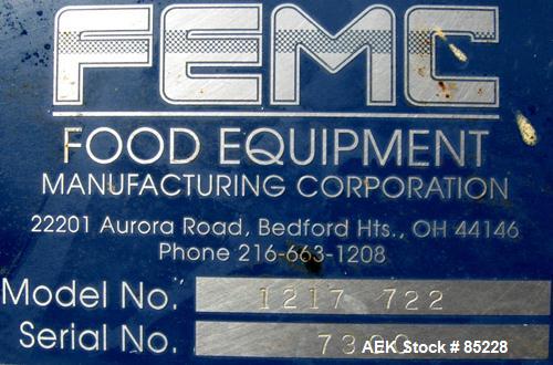 Used FEMC Inline Tray Filler/Lidder Line Consisting Of: (1) 6" wide x 80" long plastic belt infeed conveyor, model 1253-114, serial #7301, driven by an approximate 1/4 HP gearmotor. (1) Air operated ...