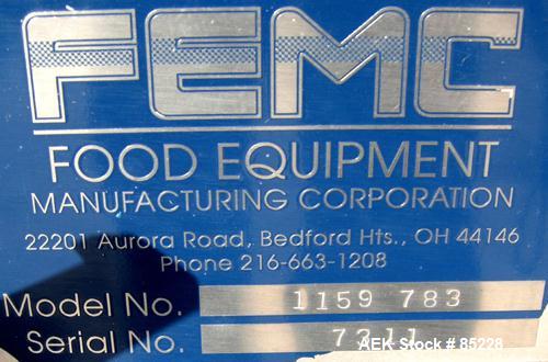 Used FEMC Inline Tray Filler/Lidder Line Consisting Of: (1) 6" wide x 80" long plastic belt infeed conveyor, model 1253-114, serial #7301, driven by an approximate 1/4 HP gearmotor. (1) Air operated ...
