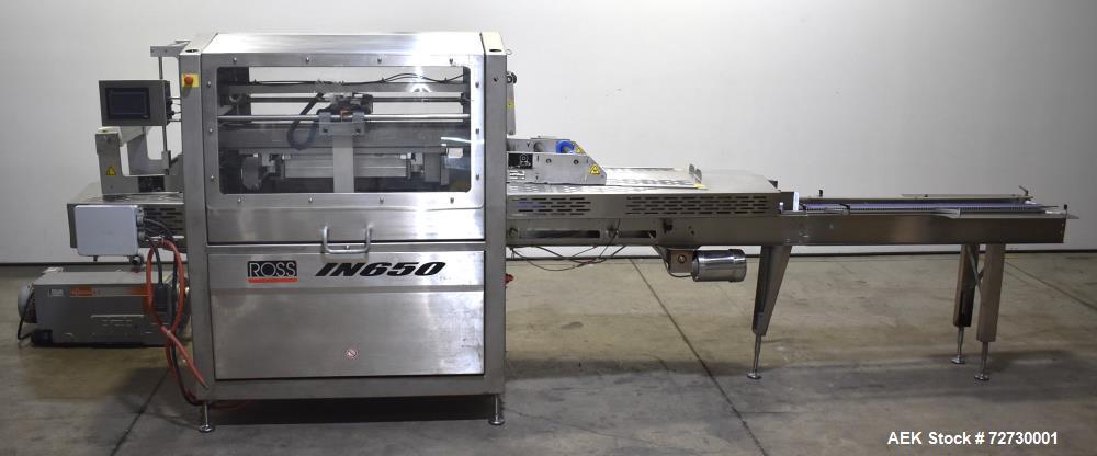 Used Ross Model IN650 Inline Tray Sealer. Capable of speeds up to 14 (map application), up to 16 (heat seal only). Max Tray Depth: 120 mm. Max # of Ups: 5. Servo tray transport & film system. Control...