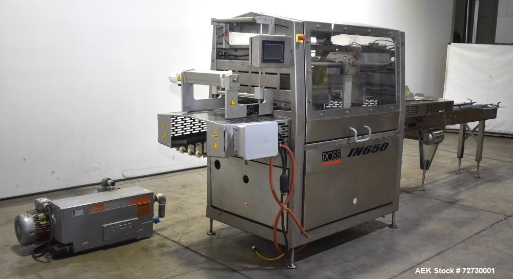 Used Ross Model IN650 Inline Tray Sealer. Capable of speeds up to 14 (map application), up to 16 (heat seal only). Max Tray Depth: 120 mm. Max # of Ups: 5. Servo tray transport & film system. Control...