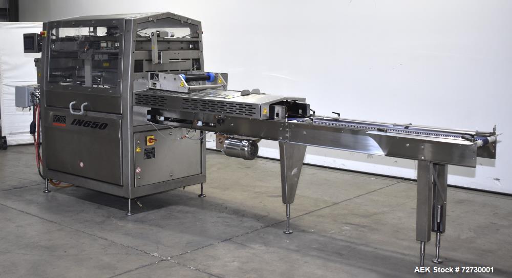 Used Ross Model IN650 Inline Tray Sealer. Capable of speeds up to 14 (map application), up to 16 (heat seal only). Max Tray Depth: 120 mm. Max # of Ups: 5. Servo tray transport & film system. Control...