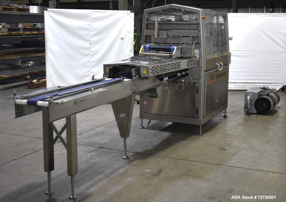 Used Ross Model IN650 Inline Tray Sealer. Capable of speeds up to 14 (map application), up to 16 (heat seal only). Max Tray Depth: 120 mm. Max # of Ups: 5. Servo tray transport & film system. Control...