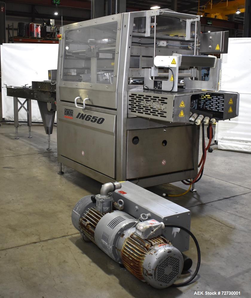 Used Ross Model IN650 Inline Tray Sealer. Capable of speeds up to 14 (map application), up to 16 (heat seal only). Max Tray Depth: 120 mm. Max # of Ups: 5. Servo tray transport & film system. Control...