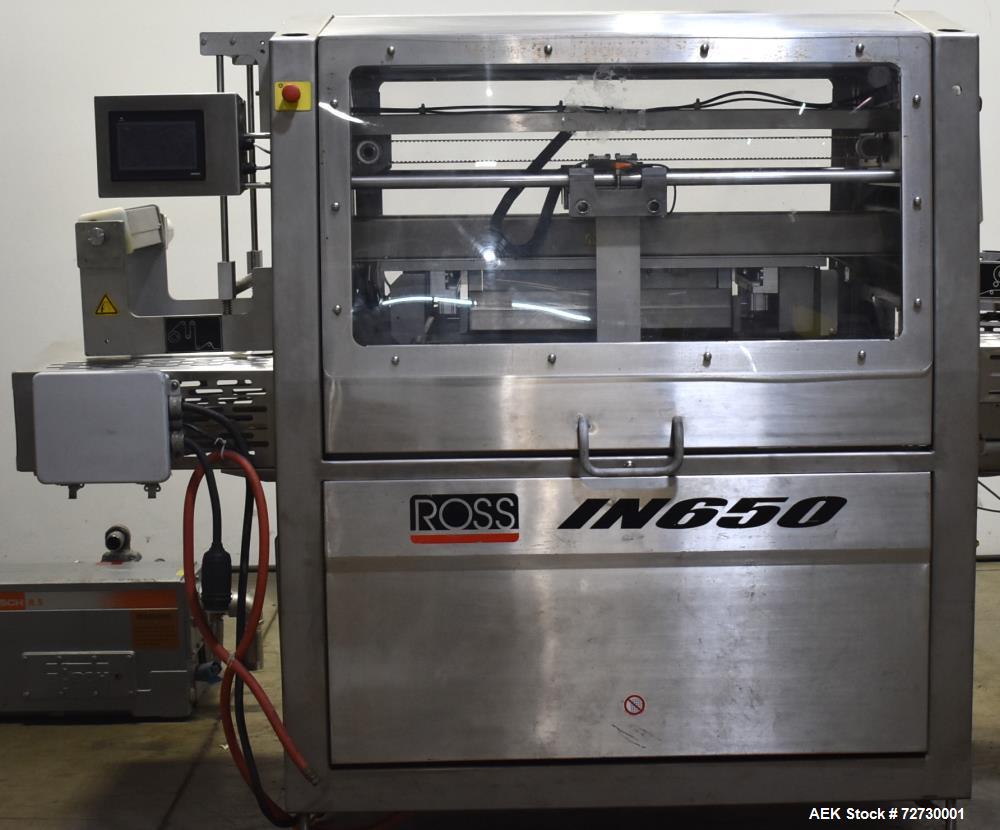 Used Ross Model IN650 Inline Tray Sealer. Capable of speeds up to 14 (map application), up to 16 (heat seal only). Max Tray Depth: 120 mm. Max # of Ups: 5. Servo tray transport & film system. Control...