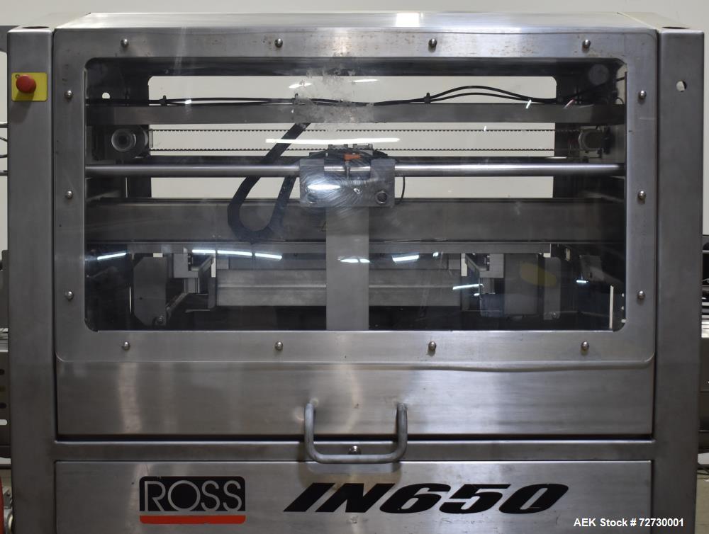 Used Ross Model IN650 Inline Tray Sealer. Capable of speeds up to 14 (map application), up to 16 (heat seal only). Max Tray Depth: 120 mm. Max # of Ups: 5. Servo tray transport & film system. Control...