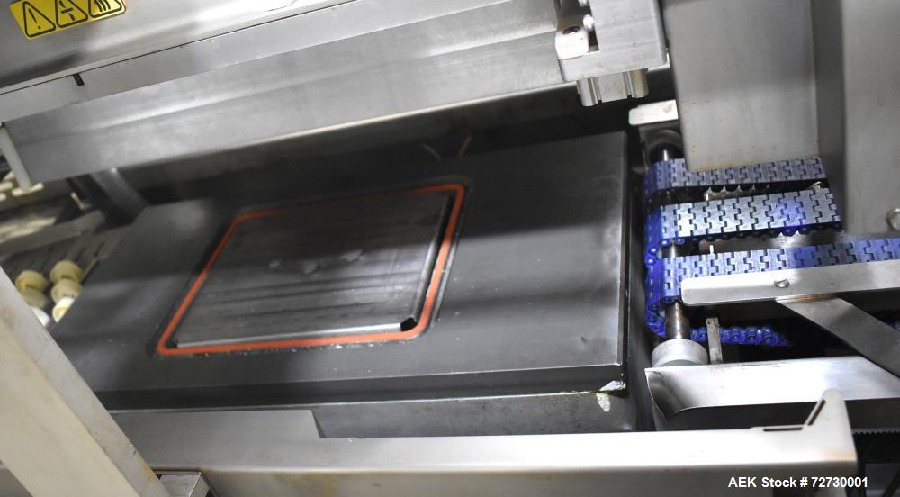 Used Ross Model IN650 Inline Tray Sealer. Capable of speeds up to 14 (map application), up to 16 (heat seal only). Max Tray Depth: 120 mm. Max # of Ups: 5. Servo tray transport & film system. Control...