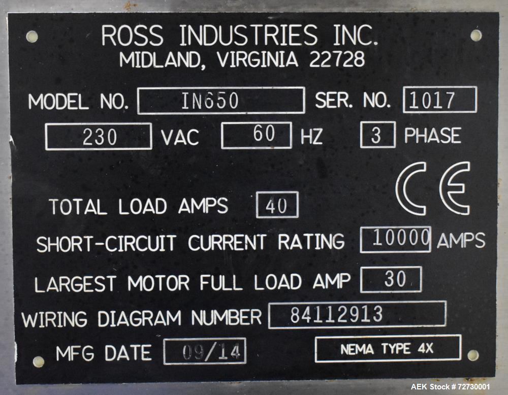Used Ross Model IN650 Inline Tray Sealer. Capable of speeds up to 14 (map application), up to 16 (heat seal only). Max Tray Depth: 120 mm. Max # of Ups: 5. Servo tray transport & film system. Control...