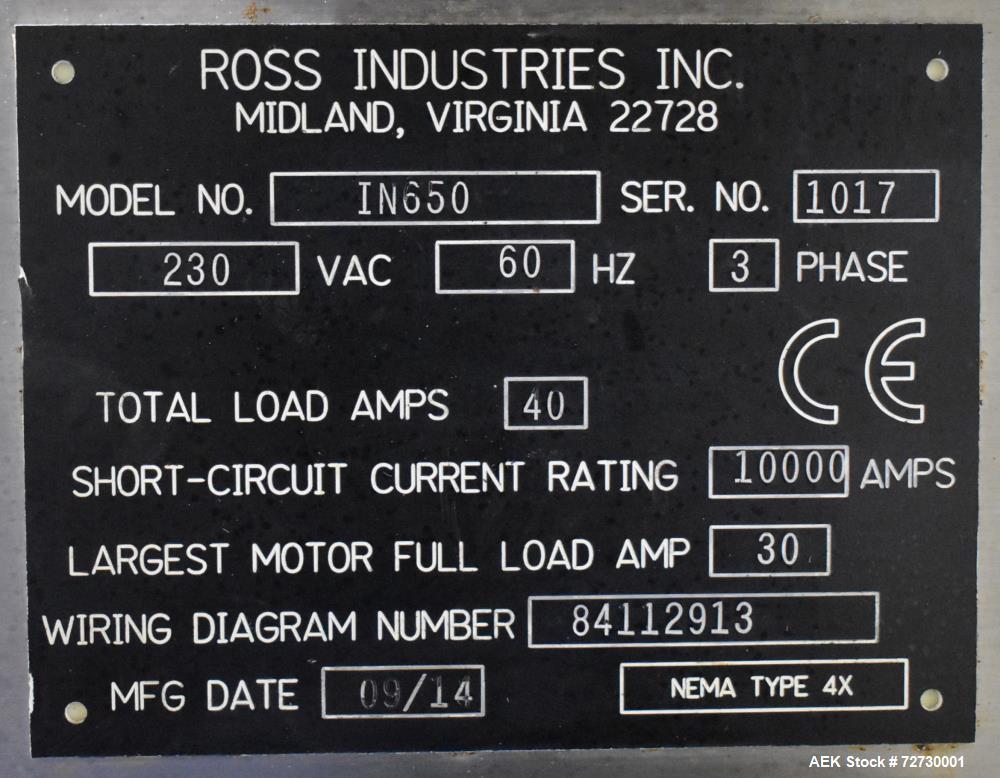 Used- Ross Model IN650 Inline Tray Sealer. Capable of speeds up to 14 (map application), up to 16 (heat seal only). Max Tray...