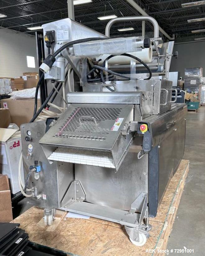 Used- Multivac Stainless Steel Automatic Food Tray Sealer, Model T-300. Capable of speeds from 12 - 30 packs per minute (6 -...