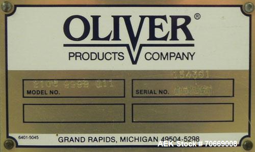 Used Oliver Model 2108 9999 0.11 Trayveyor Tray Film Sealer. Continuous motion machine can perform at up to 500" per minute using clear or Print Registered. Has a tray size range: Width up to 8.5", c...