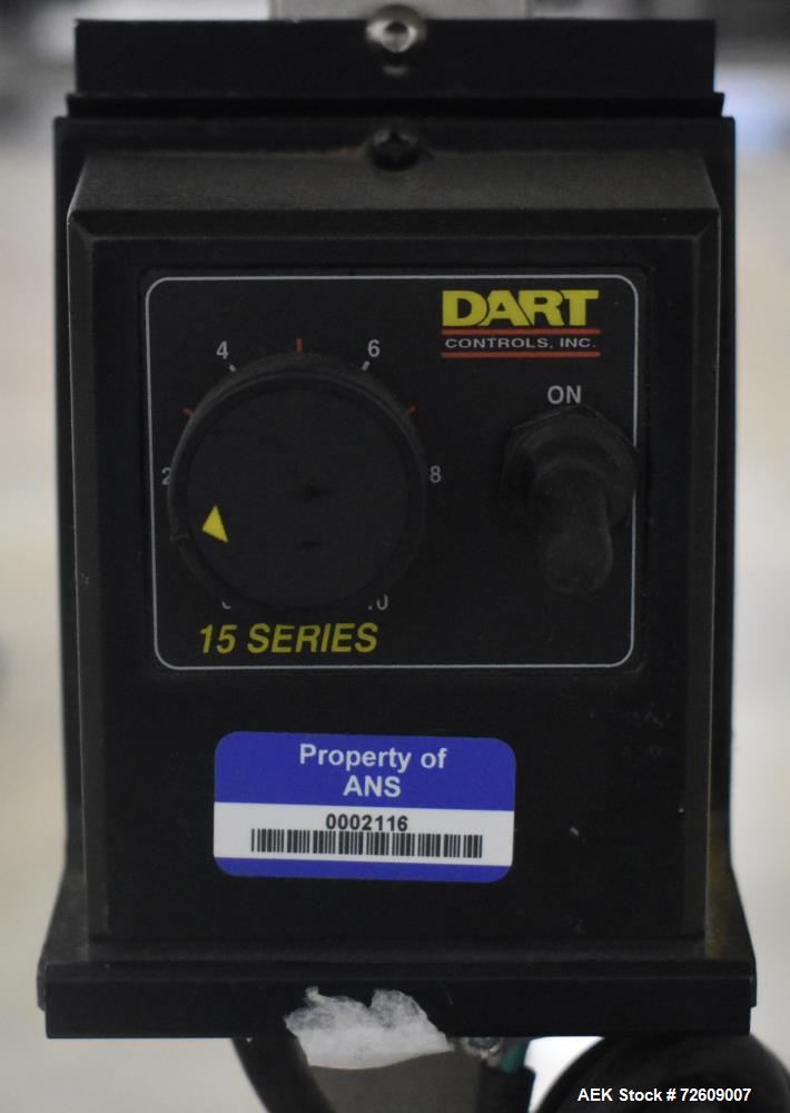 Used 48" Rotating Accumulation Table, Stainless Steel. Has Dart 15 series speed controller. Driven by 1/11 (HP/CV) DC gearmotor. Mounted on a stainless steel frame. No manufacturers tag.