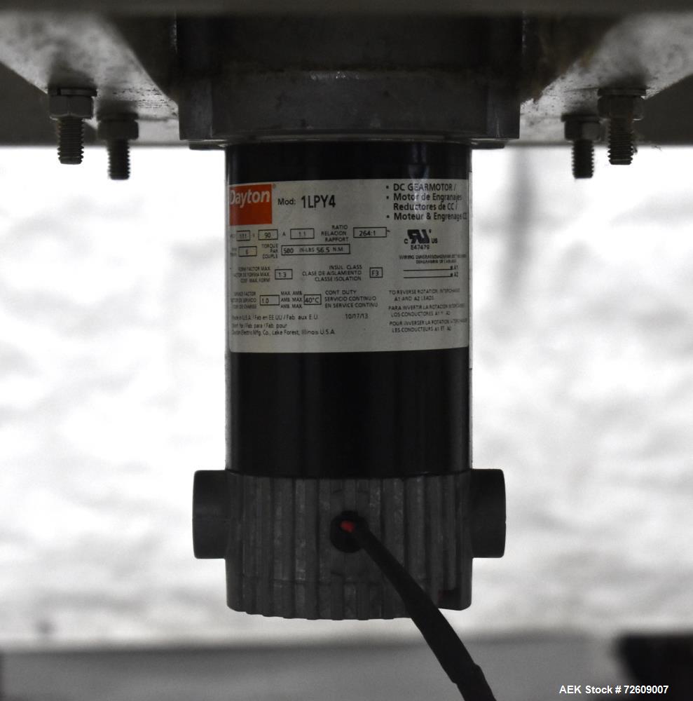 Used 48" Rotating Accumulation Table, Stainless Steel. Has Dart 15 series speed controller. Driven by 1/11 (HP/CV) DC gearmotor. Mounted on a stainless steel frame. No manufacturers tag.