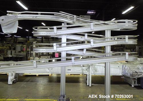 Used Flexlink Alpine XL 63 mm Buffer Vertical J Shape Chain Conveyor. Top section 100" into 9" 180 degree turn into four 72" sections with four 9" 180 degree turns. Bottom section 162" long. 80" Inpu...