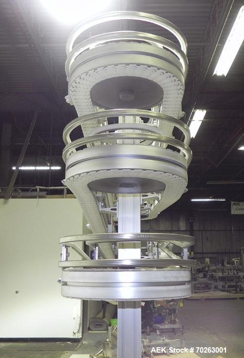 Used Flexlink Alpine XL 63 mm Buffer Vertical J Shape Chain Conveyor. Top section 100" into 9" 180 degree turn into four 72" sections with four 9" 180 degree turns. Bottom section 162" long. 80" Inpu...