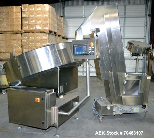 Used Ozaf AC/1500 Bottle Unscrambler, capacity approximately 170-180 units per minute. Includes an OZAF integrated elevator model E/10AG. SELLING PRICE AS IS, WHERE IS, SANFORD, NC.