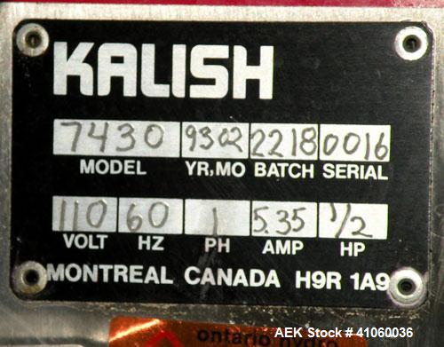 Used Kalish Kalisort-200 Bottle Orienter, Model 7430. Approximately 200 bottles per minute. Includes a starwheel, 4’’ wide x 74’’ long takeaway conveyor, and a stainless steel hopper, serial# 0012. I...