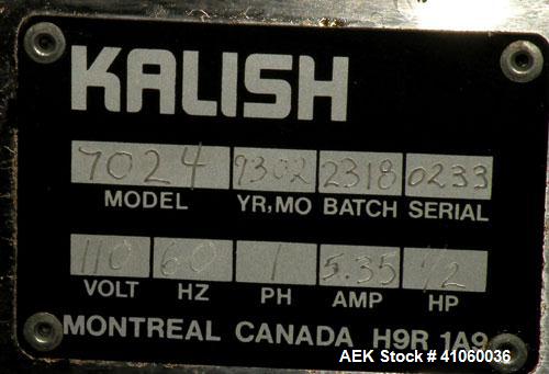 Used Kalish Kalisort-200 Bottle Orienter, Model 7430. Approximately 200 bottles per minute. Includes a starwheel, 4’’ wide x 74’’ long takeaway conveyor, and a stainless steel hopper, serial# 0012. I...