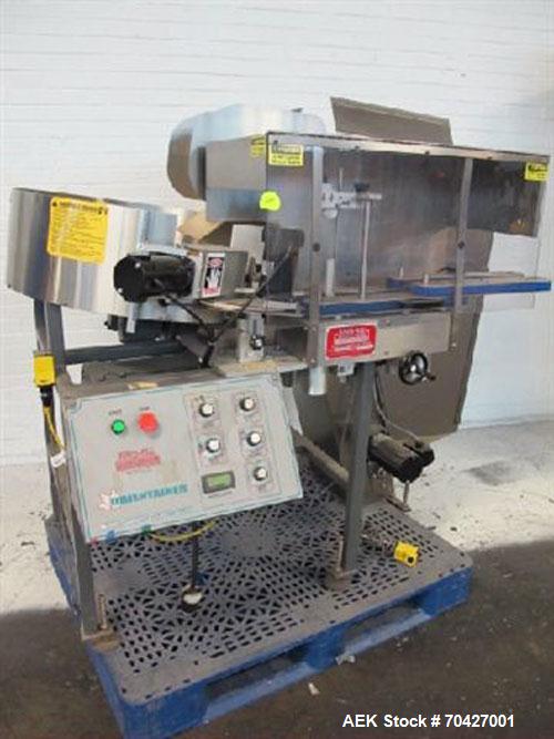 Used Kaps-All AU3 Bulk Bottle Unscrambler. Capable of speeds up to 150 bottles per minute. Bottle size range: (height) 1/2" to 6" (width) up to 3". Compact design. Has a 10 cu ft bottle hopper with a...