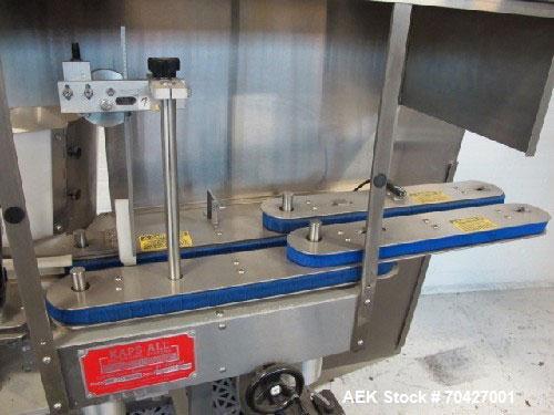 Used Kaps-All AU3 Bulk Bottle Unscrambler. Capable of speeds up to 150 bottles per minute. Bottle size range: (height) 1/2" to 6" (width) up to 3". Compact design. Has a 10 cu ft bottle hopper with a...