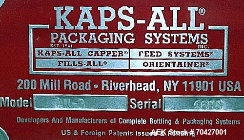 Used Kaps-All AU3 Bulk Bottle Unscrambler. Capable of speeds up to 150 bottles per minute. Bottle size range: (height) 1/2" to 6" (width) up to 3". Compact design. Has a 10 cu ft bottle hopper with a...