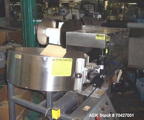 Used Kaps-All AU3 Bulk Bottle Unscrambler. Capable of speeds up to 150 bottles per minute. Bottle size range: (height) 1/2" to 6" (width) up to 3". Compact design. Has a 10 cu ft bottle hopper with a...