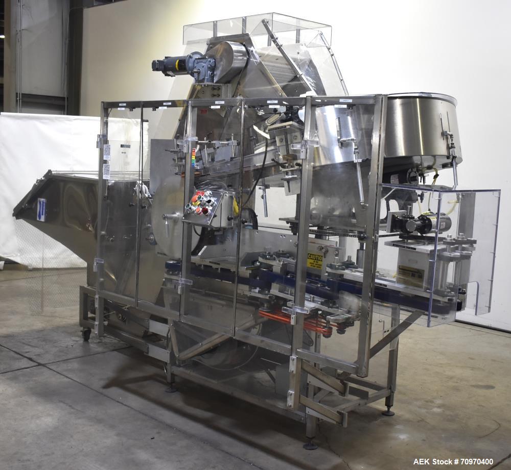 Used New England Machinery Model NEHCL-200AJ Bulk Bottle Unscrambler. Machine is capable of speeds up to 200 bottles per minute. Container size range: Diameter 5/8" - 3-1/2"; Height up to 10". Has in...