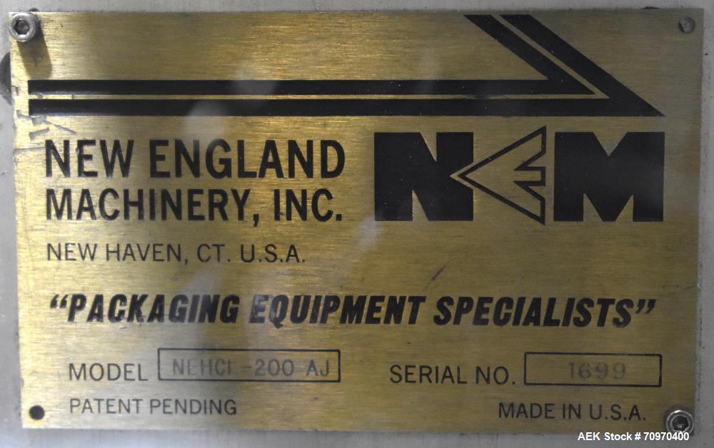Used New England Machinery Model NEHCL-200AJ Bulk Bottle Unscrambler. Machine is capable of speeds up to 200 bottles per minute. Container size range: Diameter 5/8" - 3-1/2"; Height up to 10". Has in...