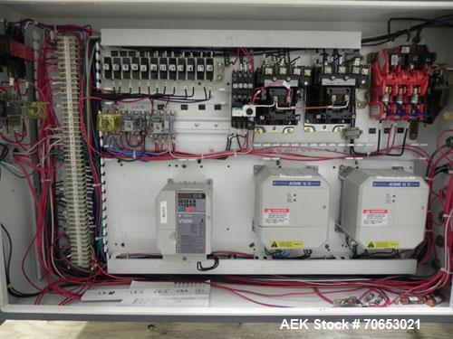 Used New England Model NEHCL-250AJ Bulk Bottle Unscrambler. Has integrated ionized air cleaner. Was last running 45 cc and 60 cc plastic pharmaceutical grade bottles. Includes New England model H/E-1...