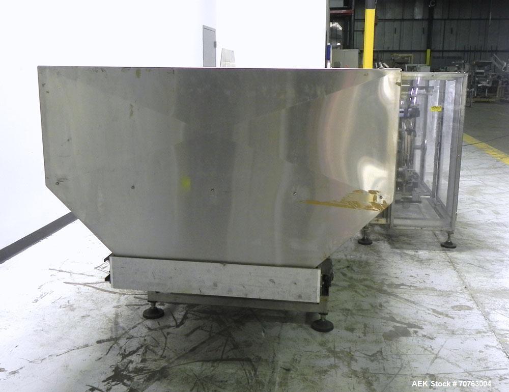 Used New England Model NEHHLP-72 Bottle Unscrambler. Has 72" (diameter) sorting bowl. Is currently set for 36 oz rectangular bottles. Includes New England 100-H/E Hopper. Low profile design and stain...