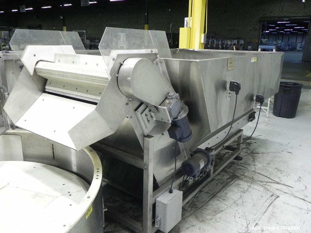 Used New England Model NEHHLP-72 Bottle Unscrambler. Has 72" (diameter) sorting bowl. Is currently set for 36 oz rectangular bottles. Includes New England 100-H/E Hopper. Low profile design and stain...