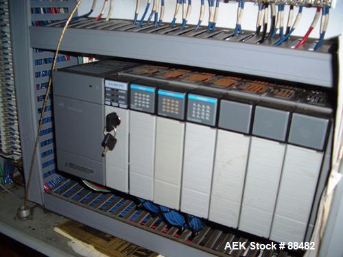 Used Omega Design Bottle Unscrambler, Model 2D1RPC8. 8 Station, Allen-Bradley SLC 5/03 PLC controls. Air cleaner, has Palace bottle elevator with 12" x 12" x 3" high cleats, approximate 72" discharge...