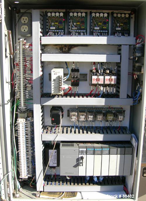 Used Omega Design Bottle Unscrambler, Model 2D1RPC8. 8 Station, Allen-Bradley SLC 5/03 PLC controls. Air cleaner, has Palace bottle elevator with 12" x 12" x 3" high cleats, approximate 72" discharge...