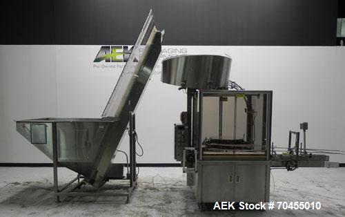 Used Omega Design Corp Model 4D-RP2-12 Bulk Bottle Unscrambler. Capable of speeds over 200 bottles per minute. Set up with 12 rotary pockets. Has 4' (48") diameter bowl sorter with integrated bulk bo...