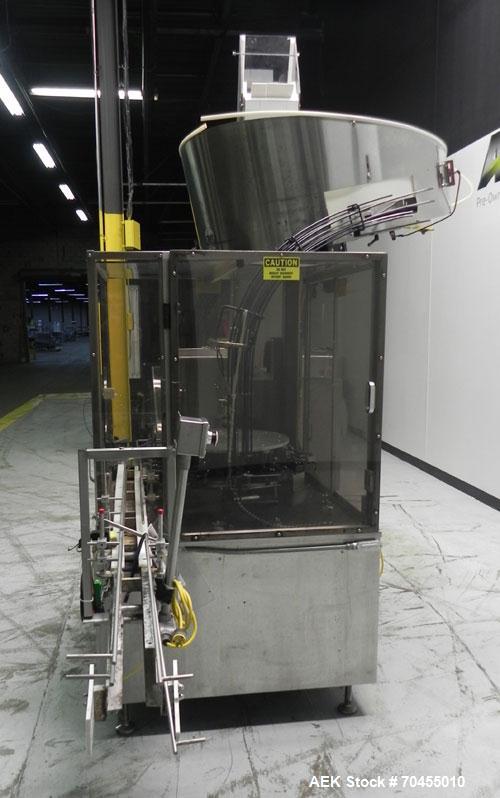 Used Omega Design Corp Model 4D-RP2-12 Bulk Bottle Unscrambler. Capable of speeds over 200 bottles per minute. Set up with 12 rotary pockets. Has 4' (48") diameter bowl sorter with integrated bulk bo...