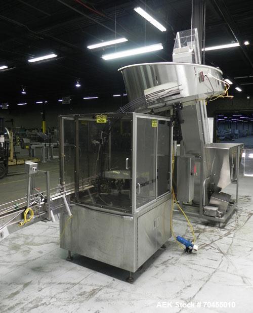 Used Omega Design Corp Model 4D-RP2-12 Bulk Bottle Unscrambler. Capable of speeds over 200 bottles per minute. Set up with 12 rotary pockets. Has 4' (48") diameter bowl sorter with integrated bulk bo...