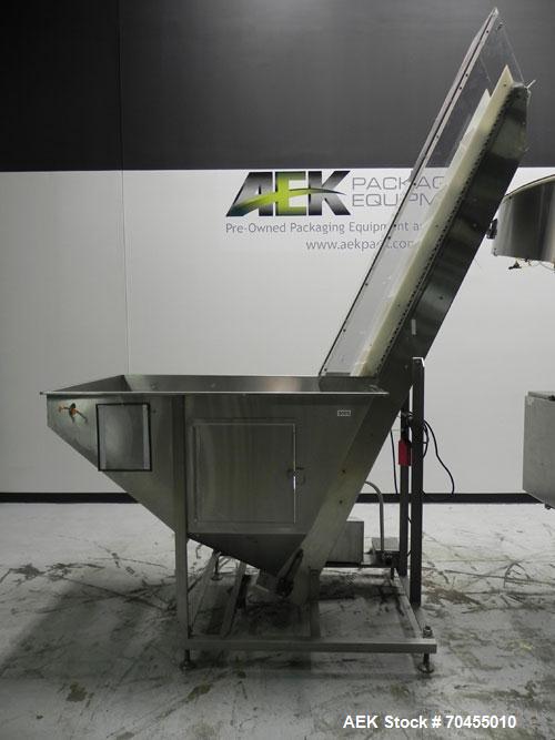 Used Omega Design Corp Model 4D-RP2-12 Bulk Bottle Unscrambler. Capable of speeds over 200 bottles per minute. Set up with 12 rotary pockets. Has 4' (48") diameter bowl sorter with integrated bulk bo...