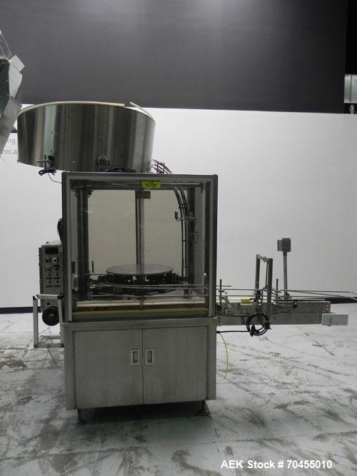 Used Omega Design Corp Model 4D-RP2-12 Bulk Bottle Unscrambler. Capable of speeds over 200 bottles per minute. Set up with 12 rotary pockets. Has 4' (48") diameter bowl sorter with integrated bulk bo...