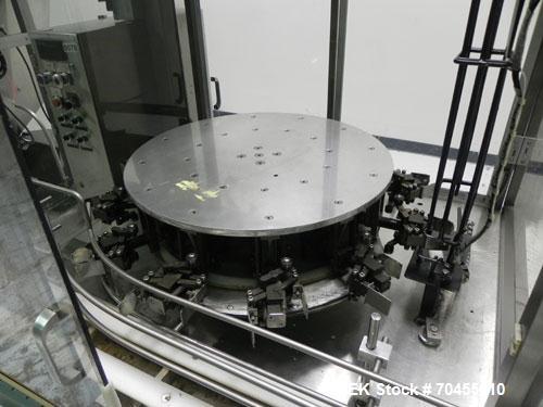 Used Omega Design Corp Model 4D-RP2-12 Bulk Bottle Unscrambler. Capable of speeds over 200 bottles per minute. Set up with 12 rotary pockets. Has 4' (48") diameter bowl sorter with integrated bulk bo...