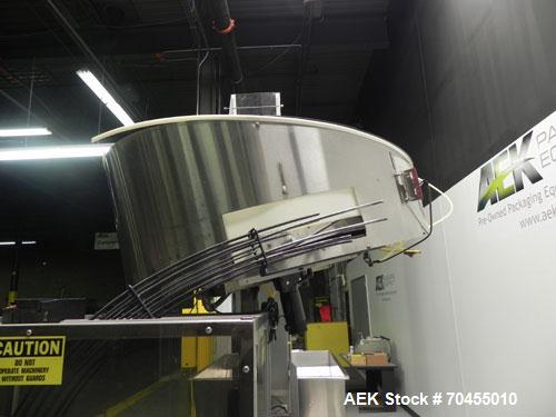 Used Omega Design Corp Model 4D-RP2-12 Bulk Bottle Unscrambler. Capable of speeds over 200 bottles per minute. Set up with 12 rotary pockets. Has 4' (48") diameter bowl sorter with integrated bulk bo...