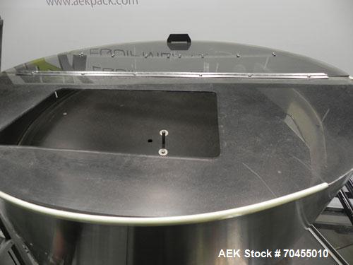 Used Omega Design Corp Model 4D-RP2-12 Bulk Bottle Unscrambler. Capable of speeds over 200 bottles per minute. Set up with 12 rotary pockets. Has 4' (48") diameter bowl sorter with integrated bulk bo...