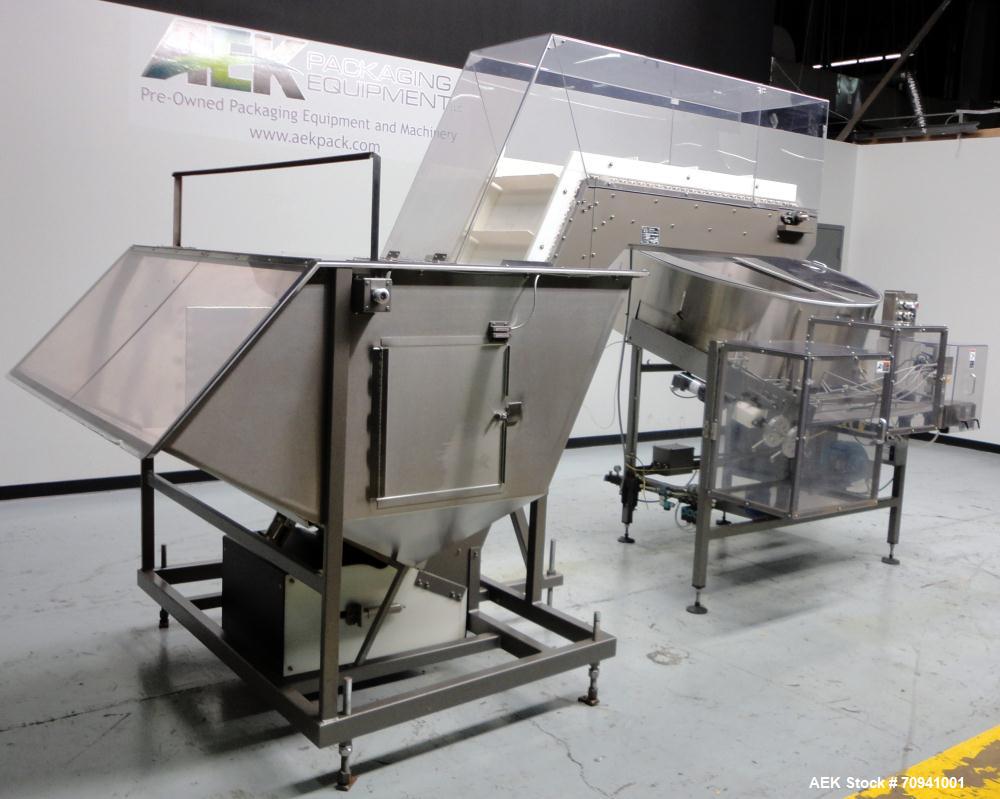 Used Omega Design Model 5D-ST Bulk Bottle Unscrambler with Hopper Elevator Mode