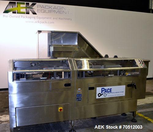Used Pace Omniline Model M 300 Bulk Bottle Unscrambler with integrated elevator. Capable of speeds from 10 to 400 bottles per minute. Can handle bottles from 30cc to 1000cc with changeparts. Pharma-L...