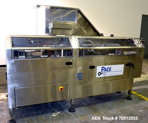 Used Pace Omniline Model M 300 Bulk Bottle Unscrambler with integrated elevator. Capable of speeds from 10 to 400 bottles per minute. Can handle bottles from 30cc to 1000cc with changeparts. Pharma-L...