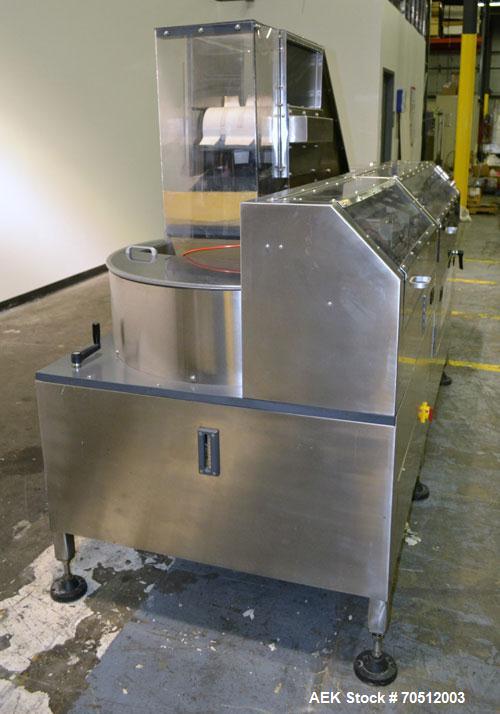 Used Pace Omniline Model M 300 Bulk Bottle Unscrambler with integrated elevator. Capable of speeds from 10 to 400 bottles per minute. Can handle bottles from 30cc to 1000cc with changeparts. Pharma-L...