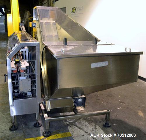 Used Pace Omniline Model M 300 Bulk Bottle Unscrambler with integrated elevator. Capable of speeds from 10 to 400 bottles per minute. Can handle bottles from 30cc to 1000cc with changeparts. Pharma-L...