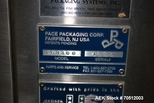 Used Pace Omniline Model M 300 Bulk Bottle Unscrambler with integrated elevator. Capable of speeds from 10 to 400 bottles per minute. Can handle bottles from 30cc to 1000cc with changeparts. Pharma-L...