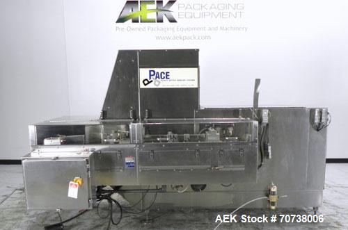 Used Pace Model M300 Pharmaceutical Bottle Unscrambler capable of speeds up to 250 containers per minute. Has bulk elevator and hopper, ionized air cleaner and all stainless steel construction. Conta...