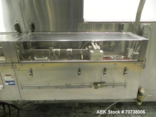 Used Pace Model M300 Pharmaceutical Bottle Unscrambler capable of speeds up to 250 containers per minute. Has bulk elevator and hopper, ionized air cleaner and all stainless steel construction. Conta...