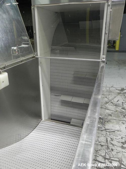 Used Pace Model M300 Pharmaceutical Bottle Unscrambler capable of speeds up to 250 containers per minute. Has bulk elevator and hopper, ionized air cleaner and all stainless steel construction. Conta...