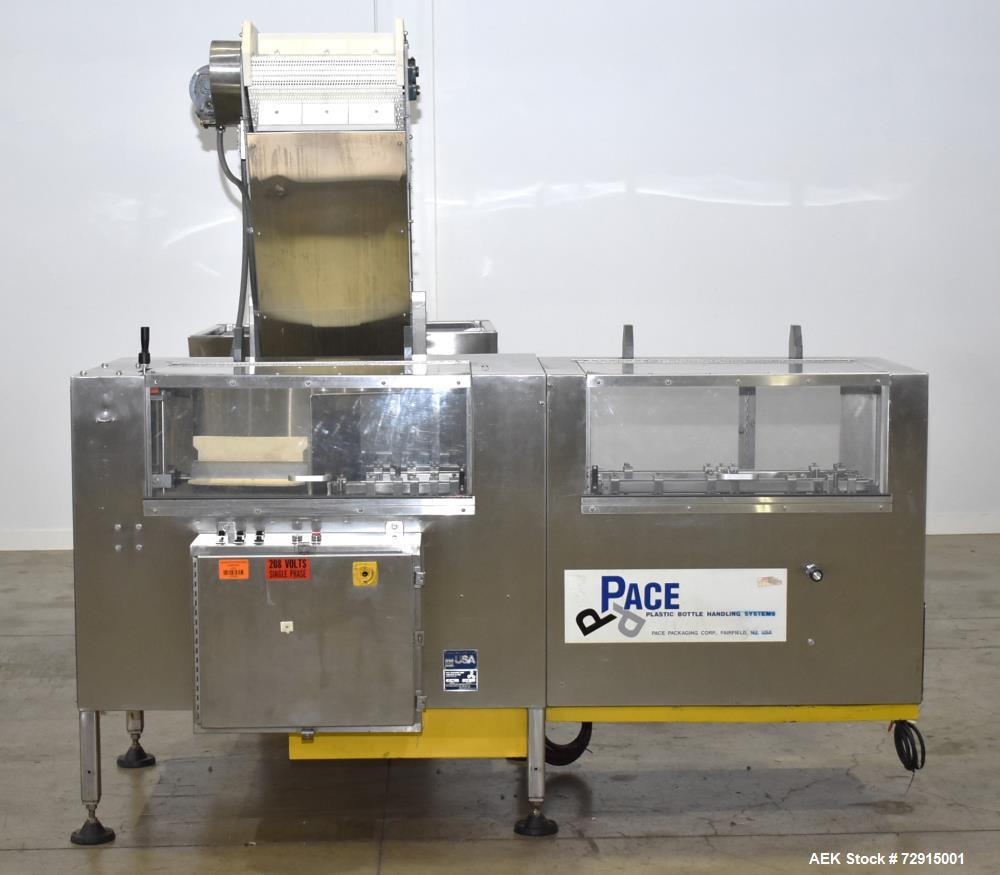Used Pace Packaging Bulk Bottle Unscrambler, Model M400. Capable of orienting approximately 20-350 bottles a minute, depending on application. Container size range: .33 oz (10mL) to 1.3 gallon (5L) w...